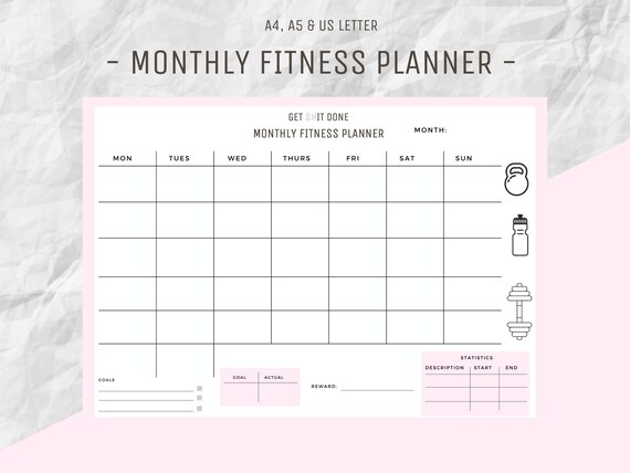 Monthly Fitness Printable Planner Fitness Tracker Workout Etsy