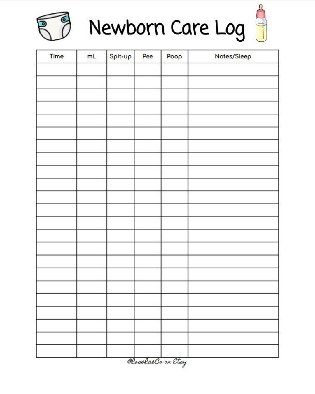 Newborn Care Log Printable Infant Baby Feeding PDF Tracker Milk 8 5x11