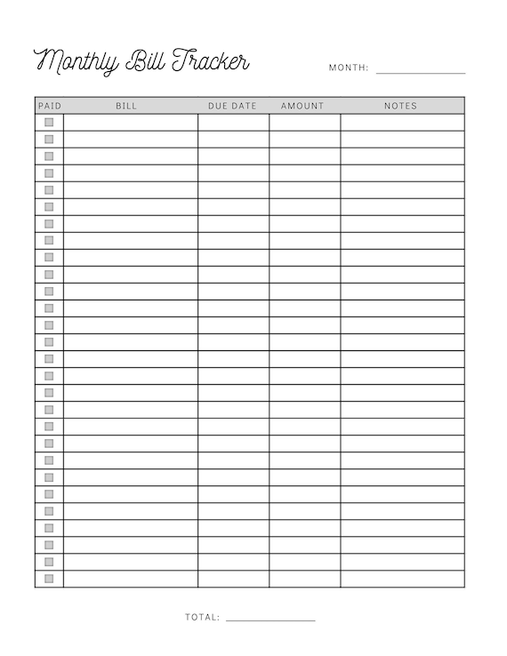 Organizer Free Printable Monthly Bill Payment Log Printable Budget 