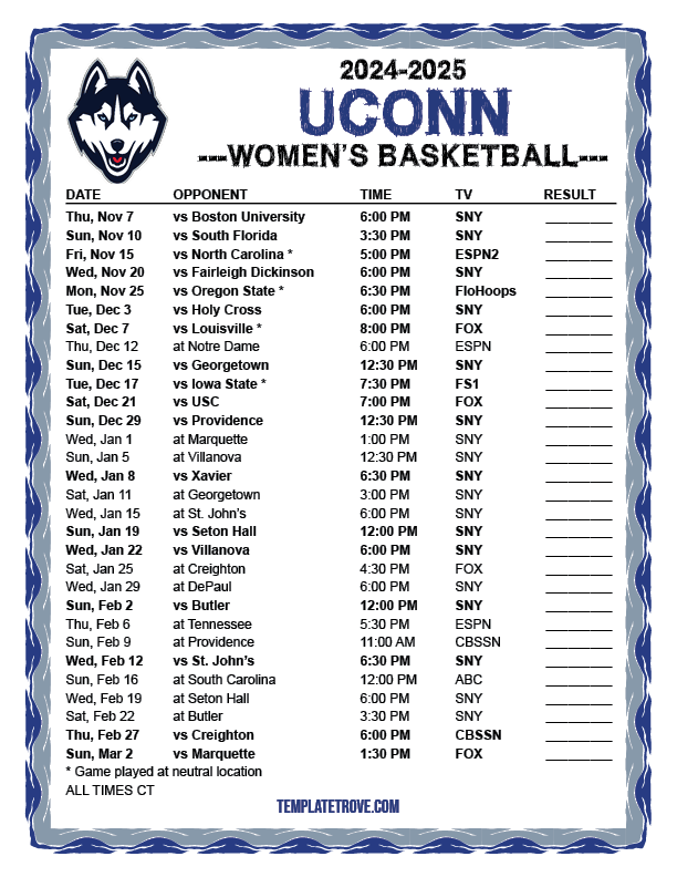 Printable 2024 2025 UConn Huskies Women 39 s Basketball Schedule
