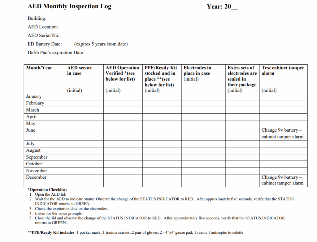Printable Aed Monthly Checklist