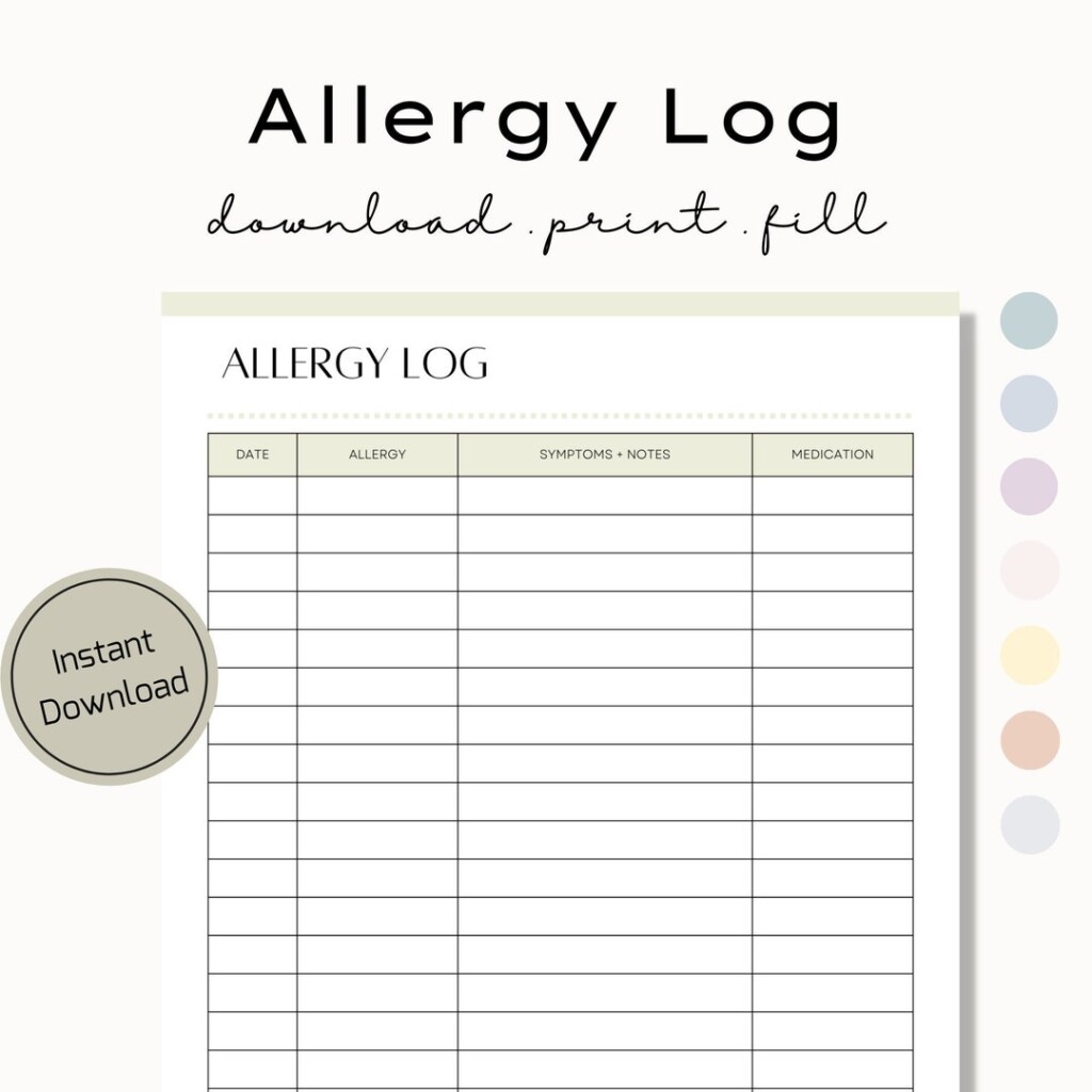 Printable Allergy Log Sheet Health Records Tracker Allergy Etsy