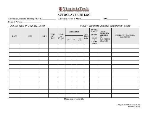 Printable Autoclave Log Sheet Templates
