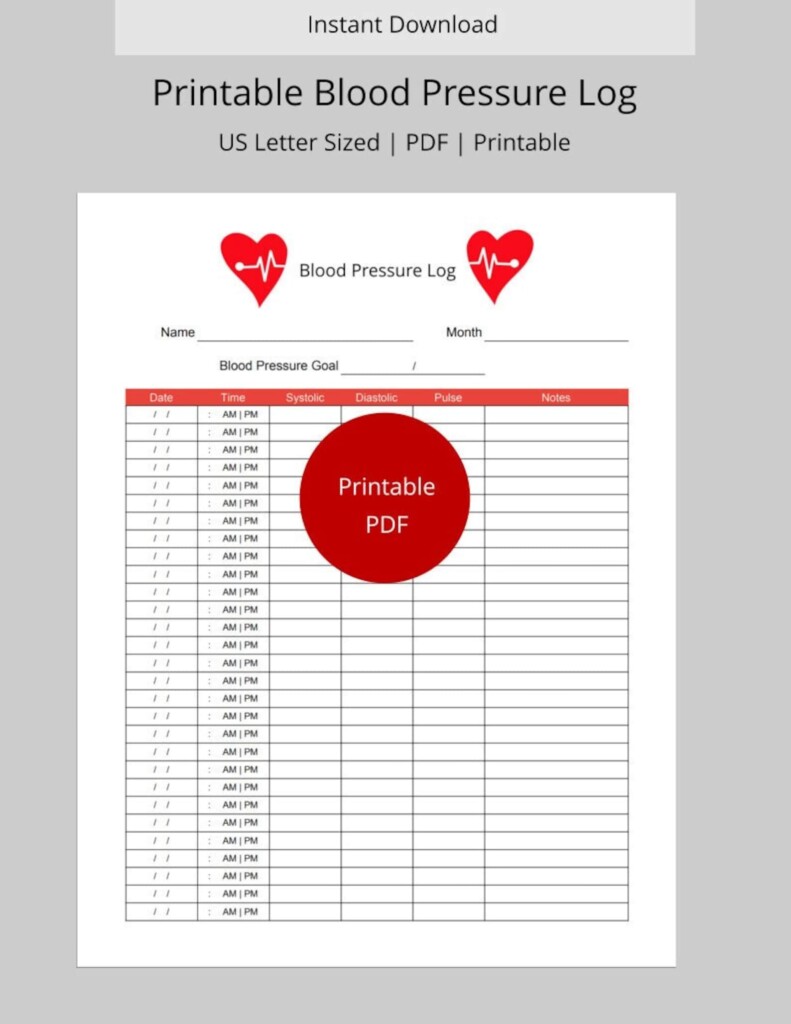 Printable Blood Pressure And Heart Rate Log Etsy