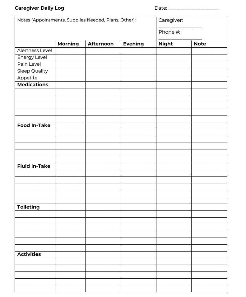 Printable Caregiver Daily Log Sheet Free Math Worksheet Printable