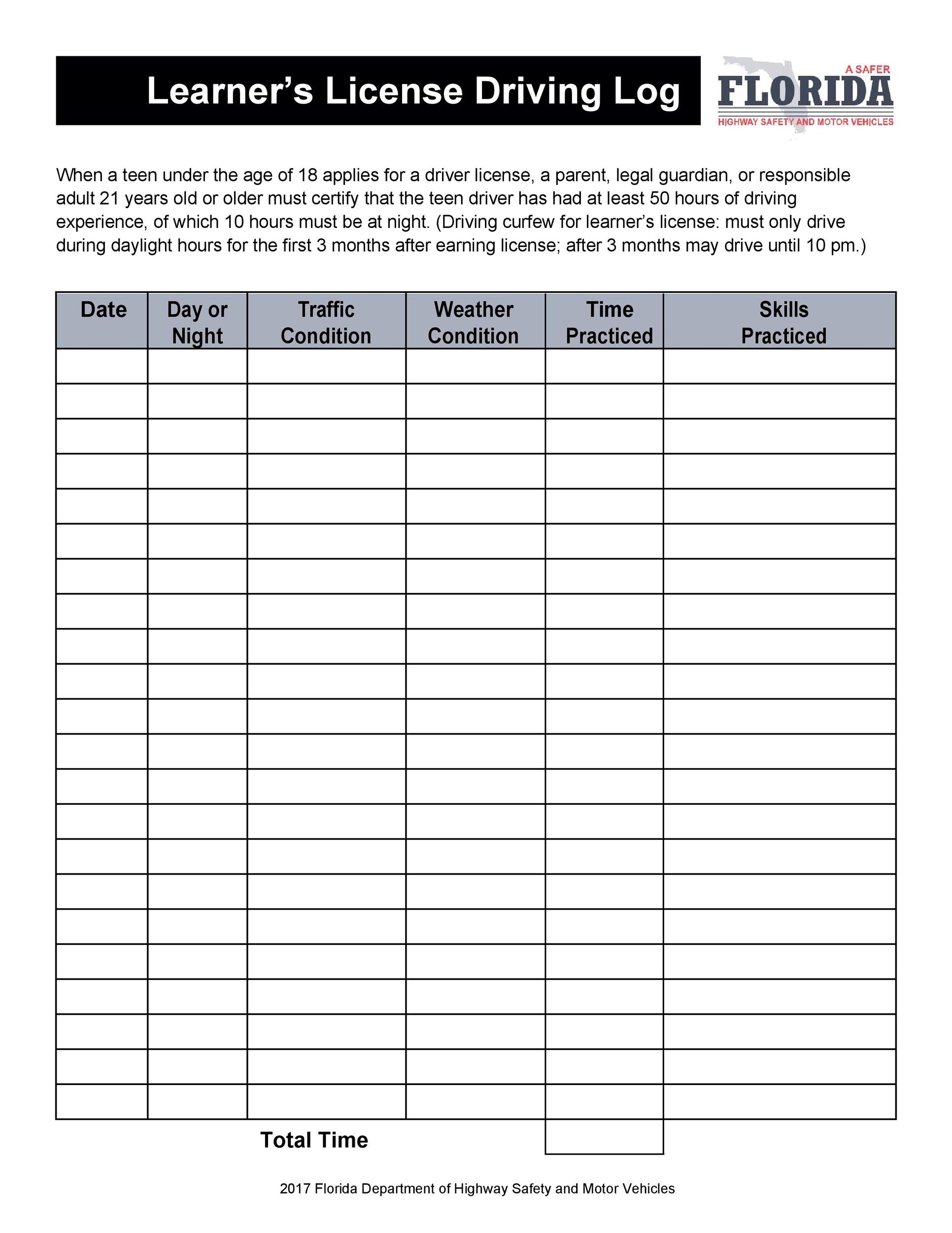 Printable Driver Log Sheet