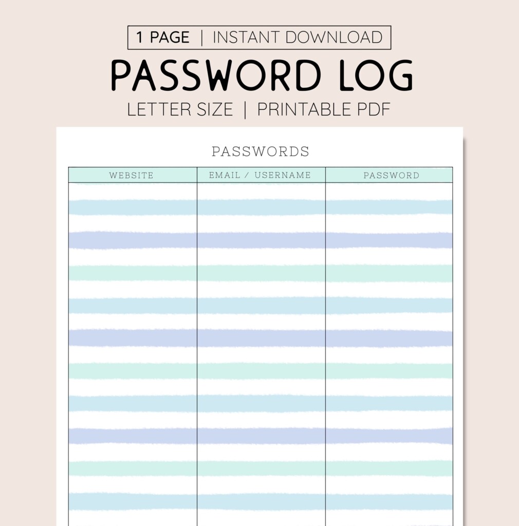 Printable Password Log INSTANT DOWNLOAD Password Tracker Keep 