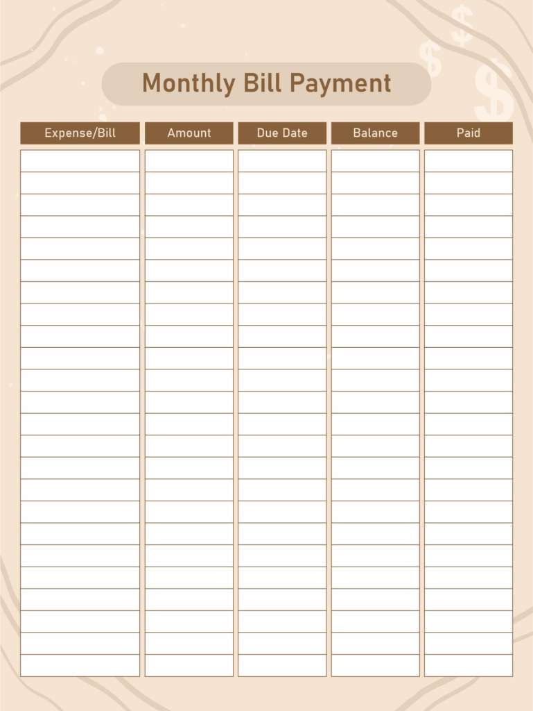 Printable Payment Log