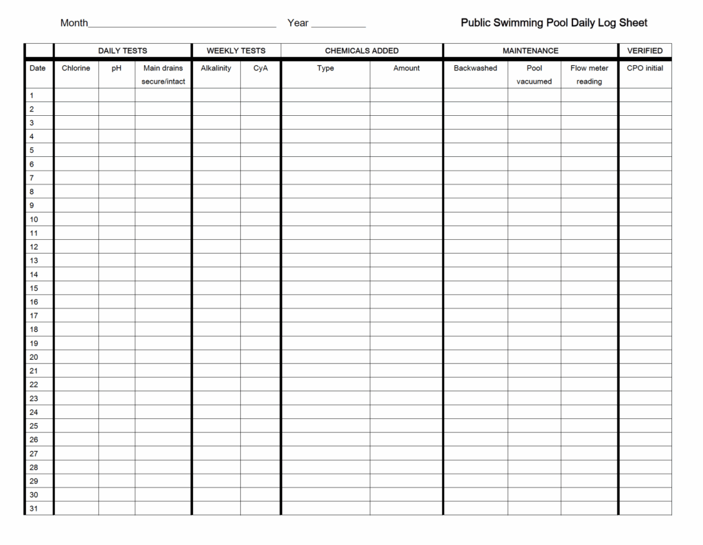 Printable Pool Chemical Log Template Printable Templates Online By 