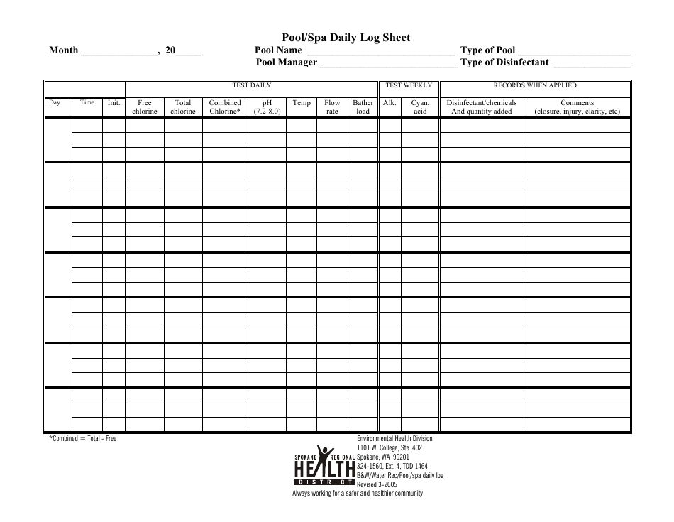 Printable Pool Chemical Log Template