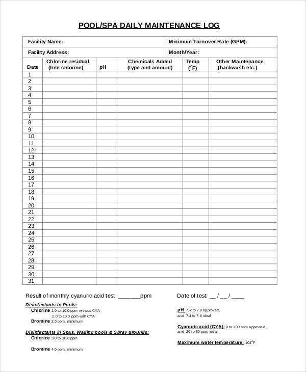 Printable Pool Log Sheet