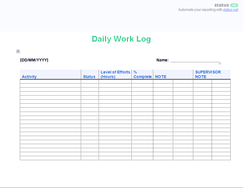 Printable Work Log Template