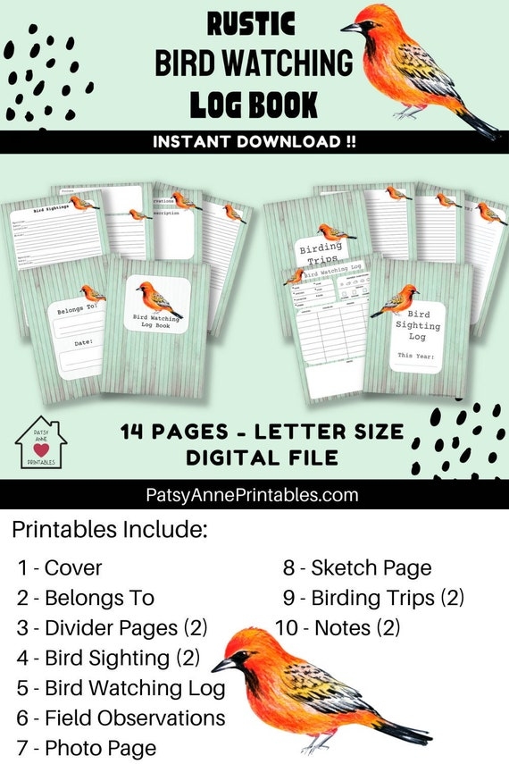 Rustic Bird Watching Log Book Bird Watching Printable Etsy