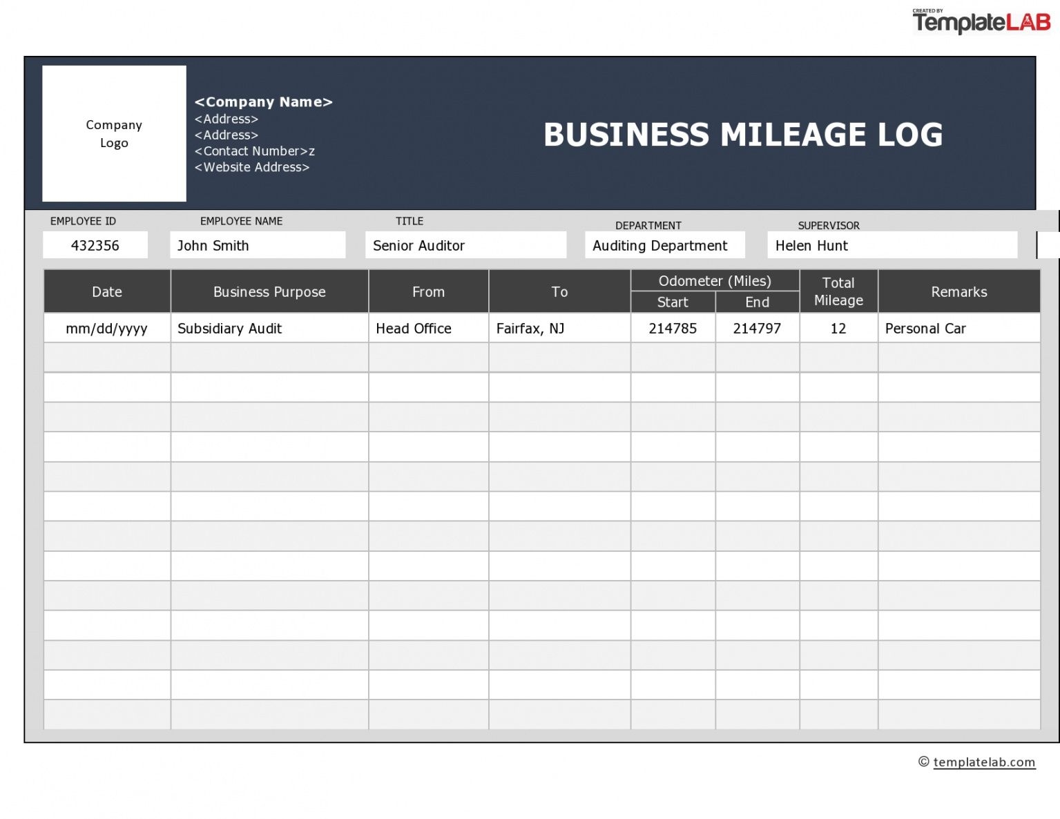 Self Employed Mileage Log Template