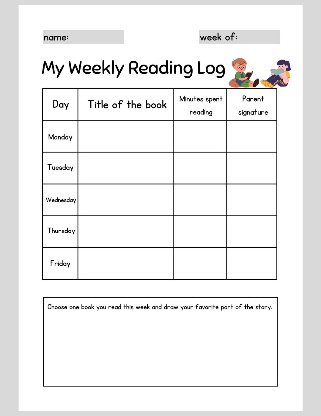 Weekly Reading Log digital Printable Etsy